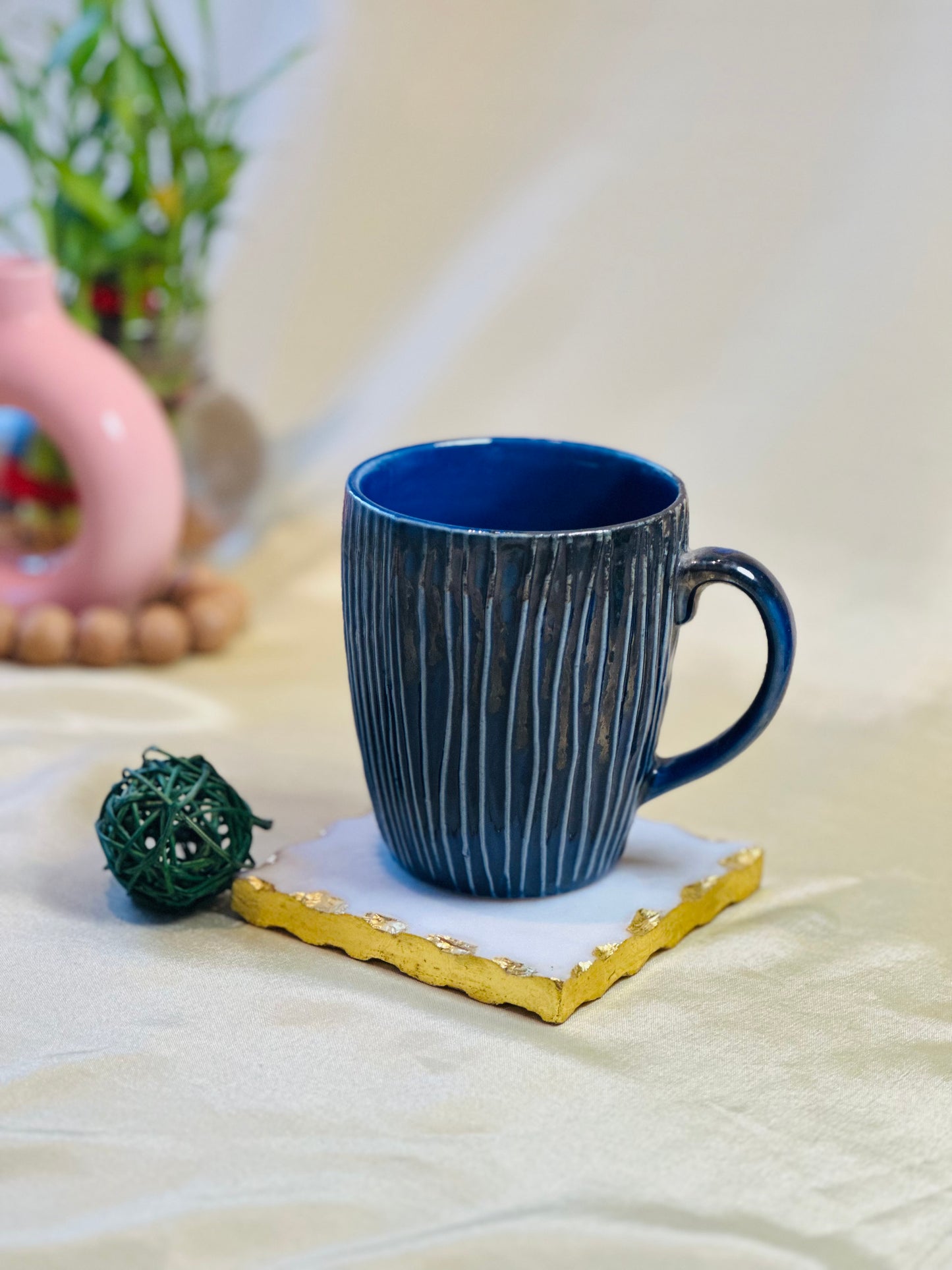 Navy Blue Ribbed Happy Mug