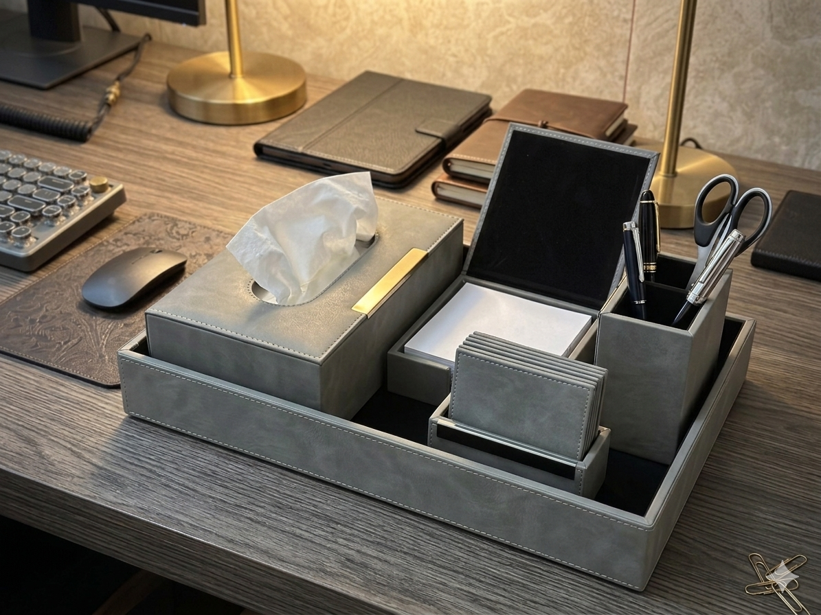 Executive Vegan Leather Desktop Organizer Set – 6-Piece Modular Stationery Suite (Slate Grey)