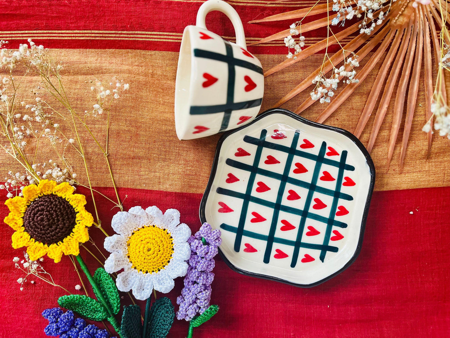 Checkered Hearts Cup and Plate - cozykutumbhstore