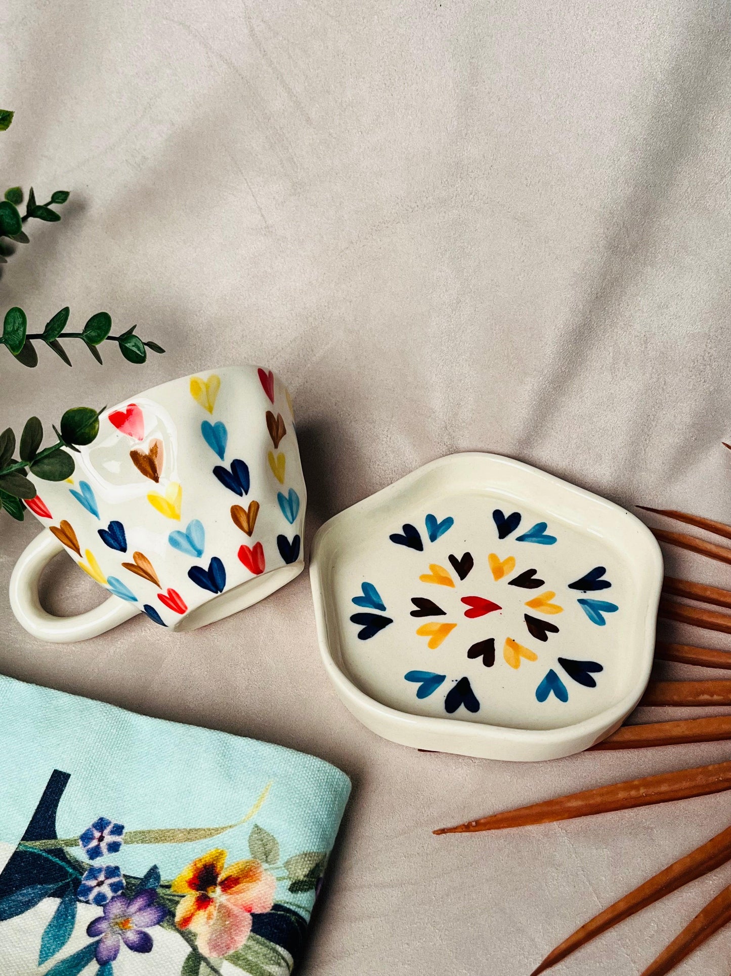 Dil Se Colourful Hearts Cup & Saucer - cozykutumbhstore