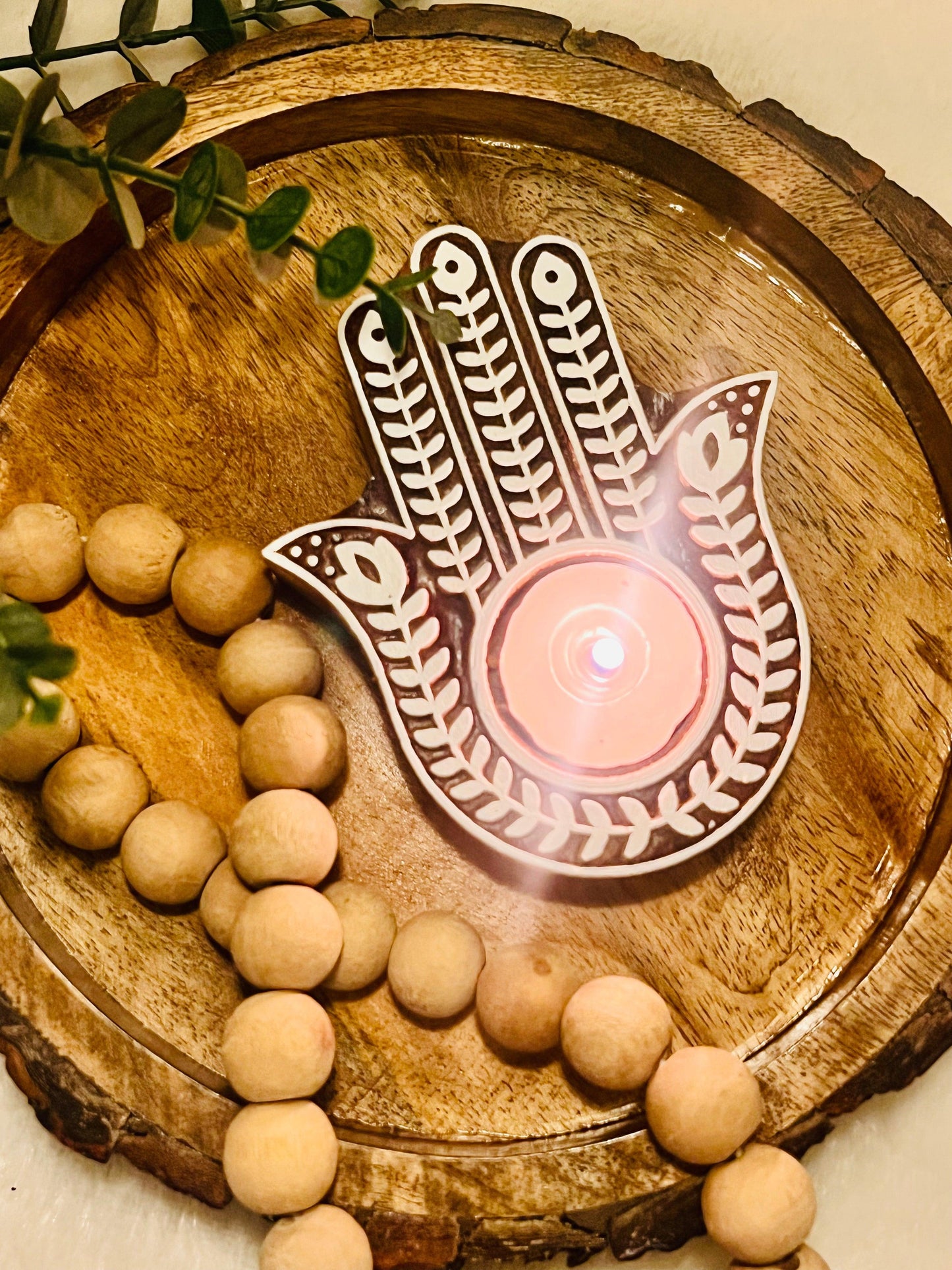 Wooden Hand-Carved Tealight Candle Holders : The Hamsa Hand - cozykutumbhstore