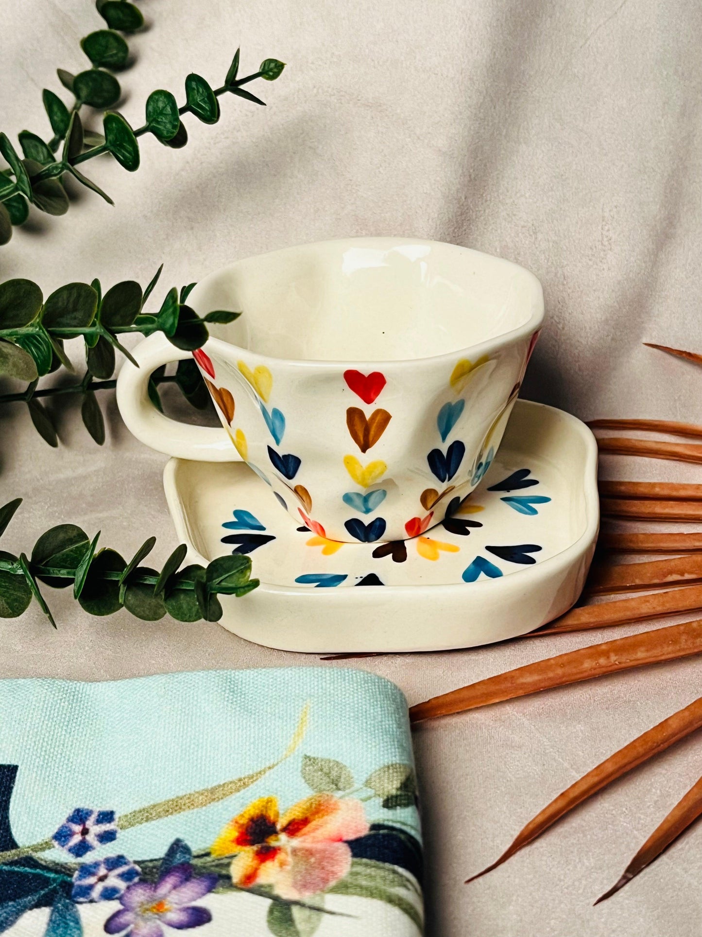 Dil Se Colourful Hearts Cup & Saucer - cozykutumbhstore