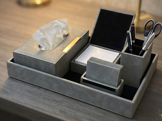 Executive Vegan Leather Desktop Organizer Set – 6-Piece Modular Stationery Suite (Slate Grey)