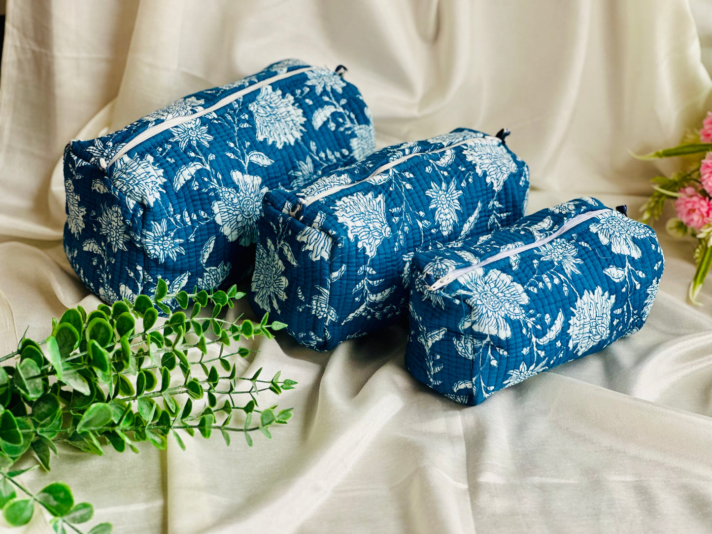 Handblock Printed Cotton Nested Utility Pouches (Set of 3) – Waterproof & Multi-Purpose
