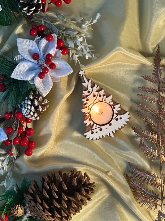 Christmas Snowy Tree Wooden Candle Holder with Candle