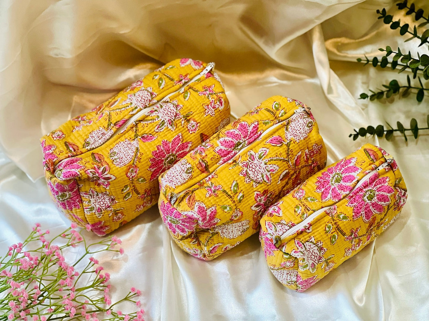 Handblock Printed Cotton Nested Utility Pouches (Set of 3) – Waterproof & Multi-Purpose
