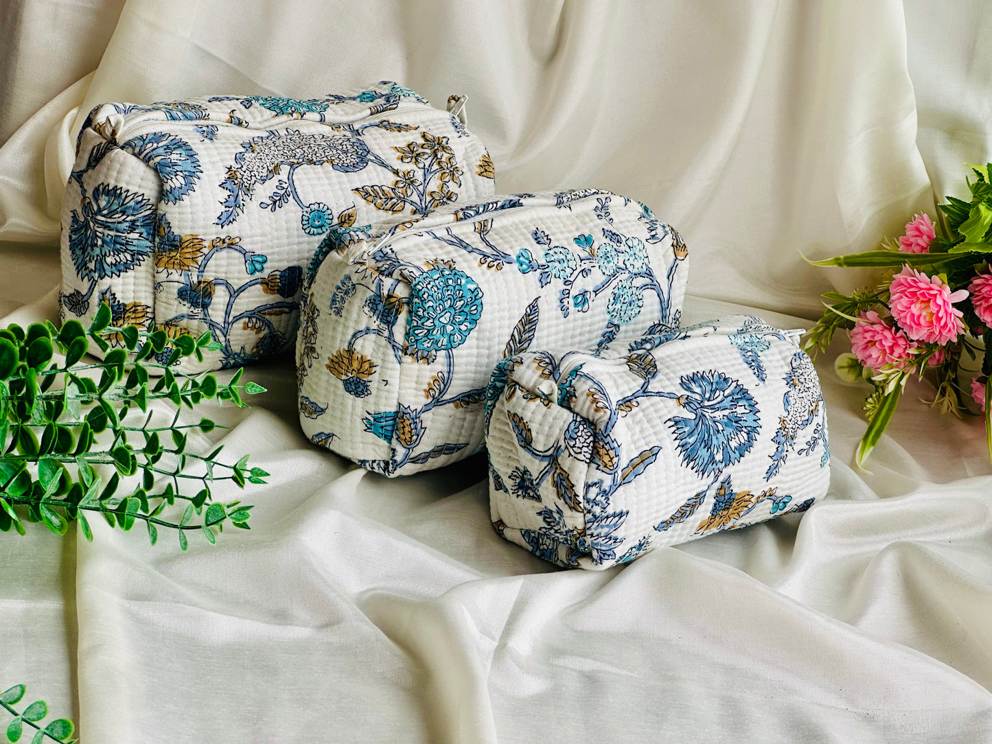 Handblock Printed Cotton Nested Utility Pouches (Set of 3) – Waterproof & Multi-Purpose