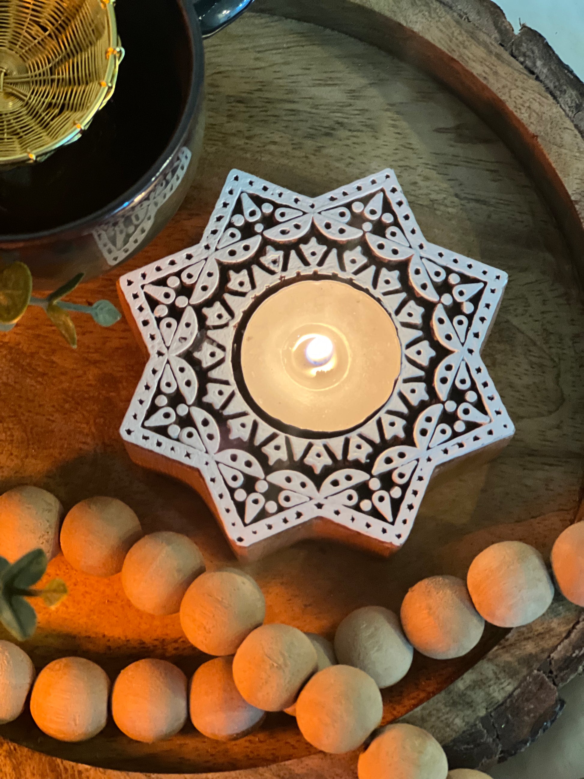 Wooden Hand-carved Sitaara Tea-light Holder - cozykutumbhstore