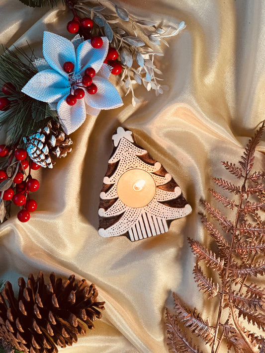 Christmas Snowy Tree Wooden Candle Holder with Candle