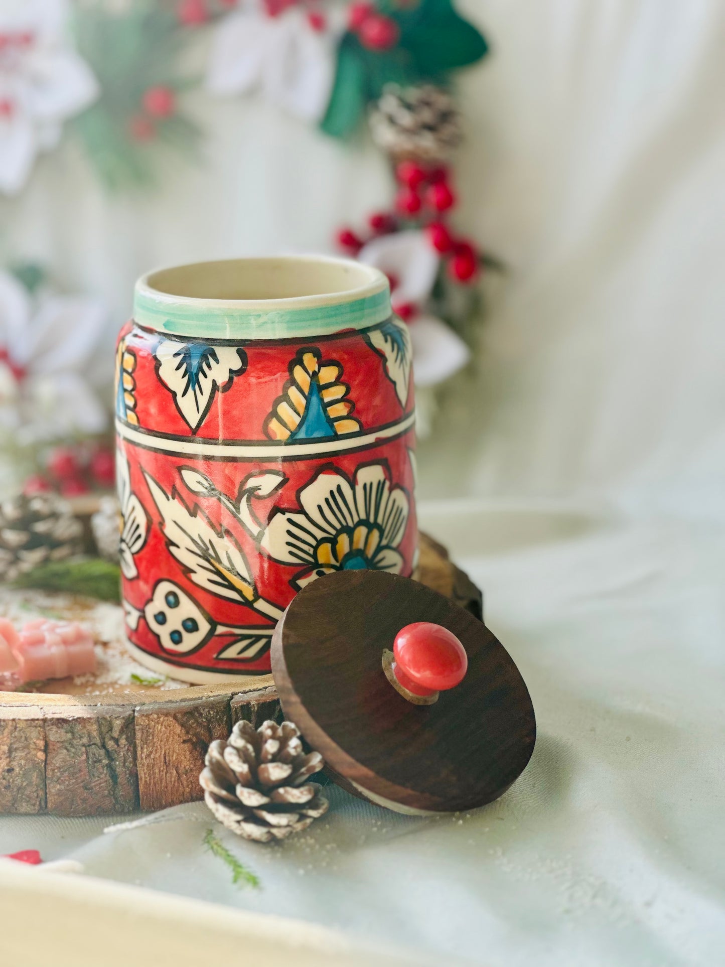 Handpainted Ceramic Canister with Airtight Wooden Lid | Kitchen Storage Jar