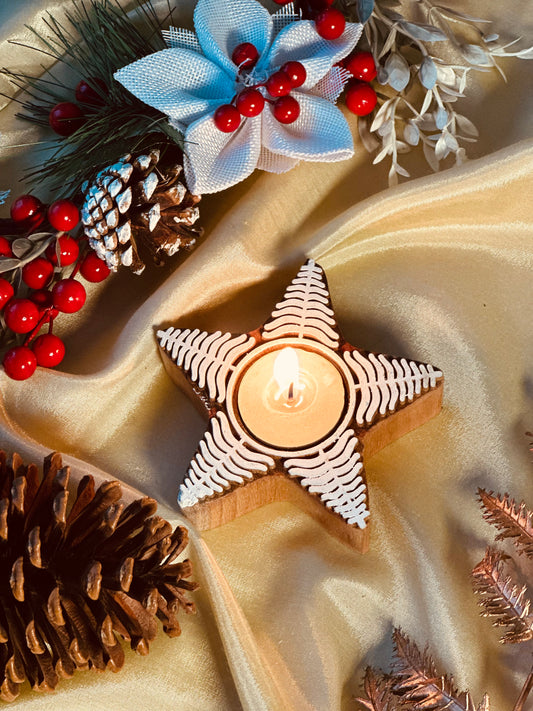 Christmas Star Wooden Candle Holder with Candle