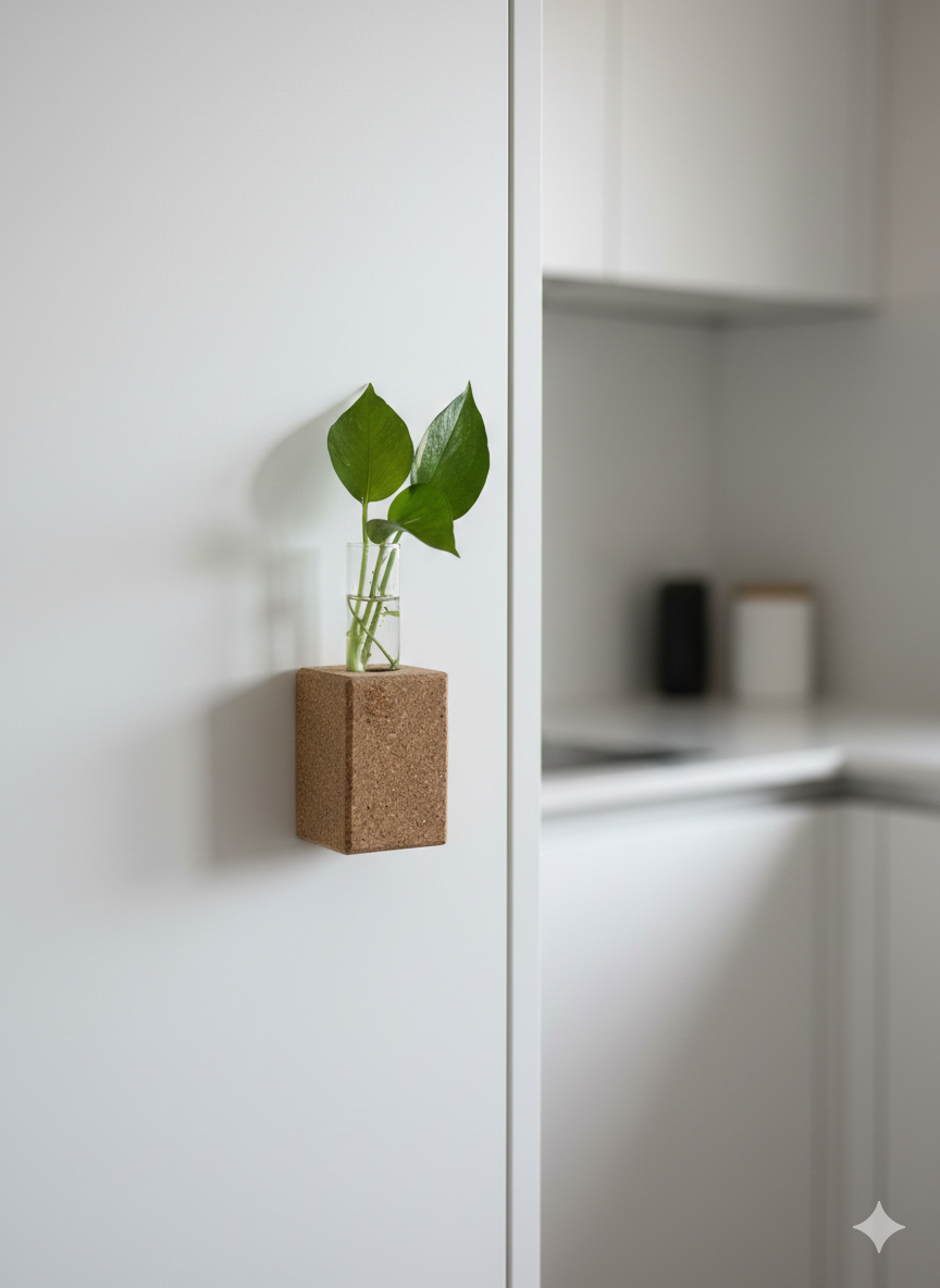 magnetic cork test tube planter for indoor plant propagation mounted on fridge or cabinet