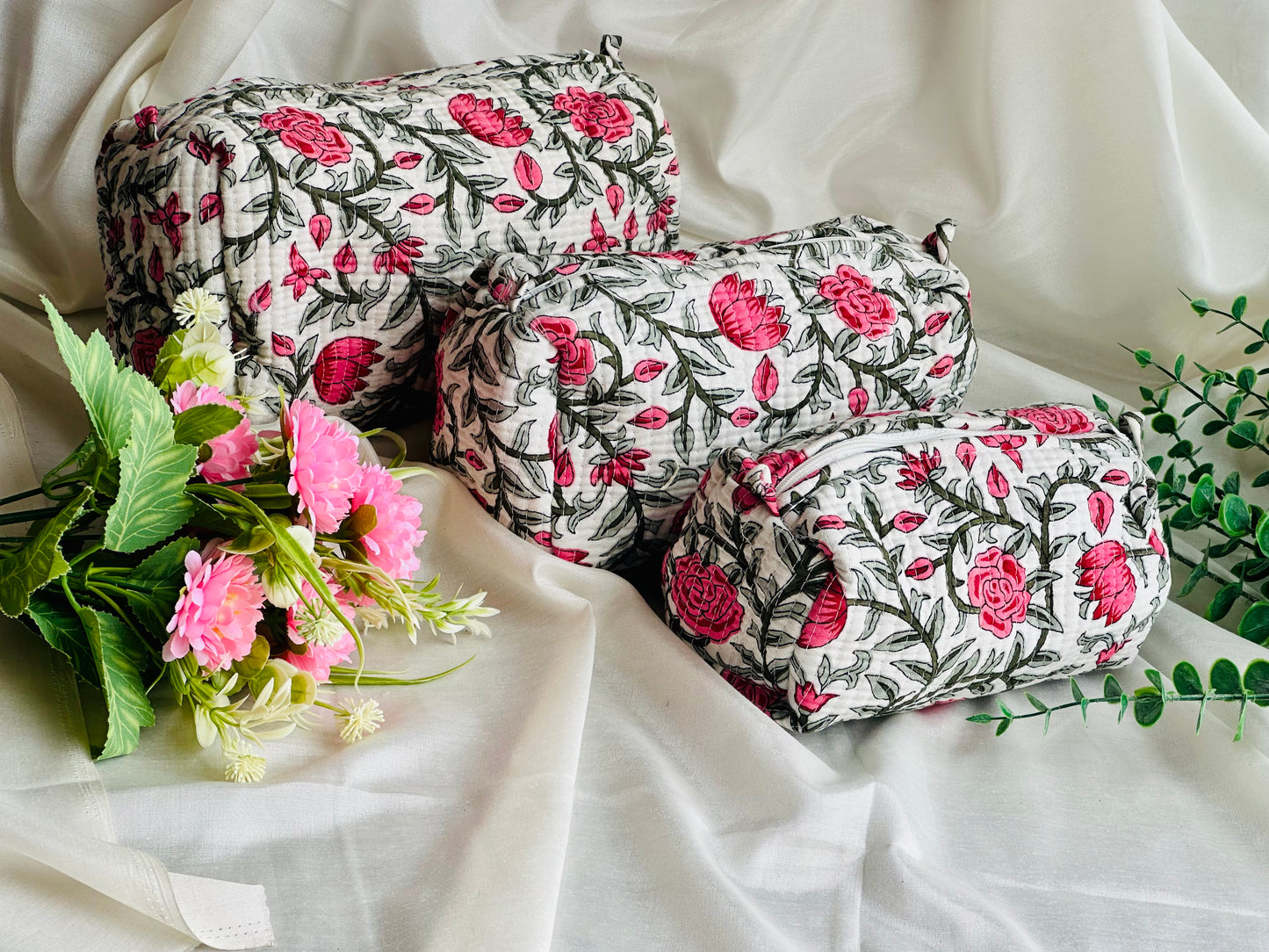 Handblock Printed Cotton Nested Utility Pouches (Set of 3) – Waterproof & Multi-Purpose