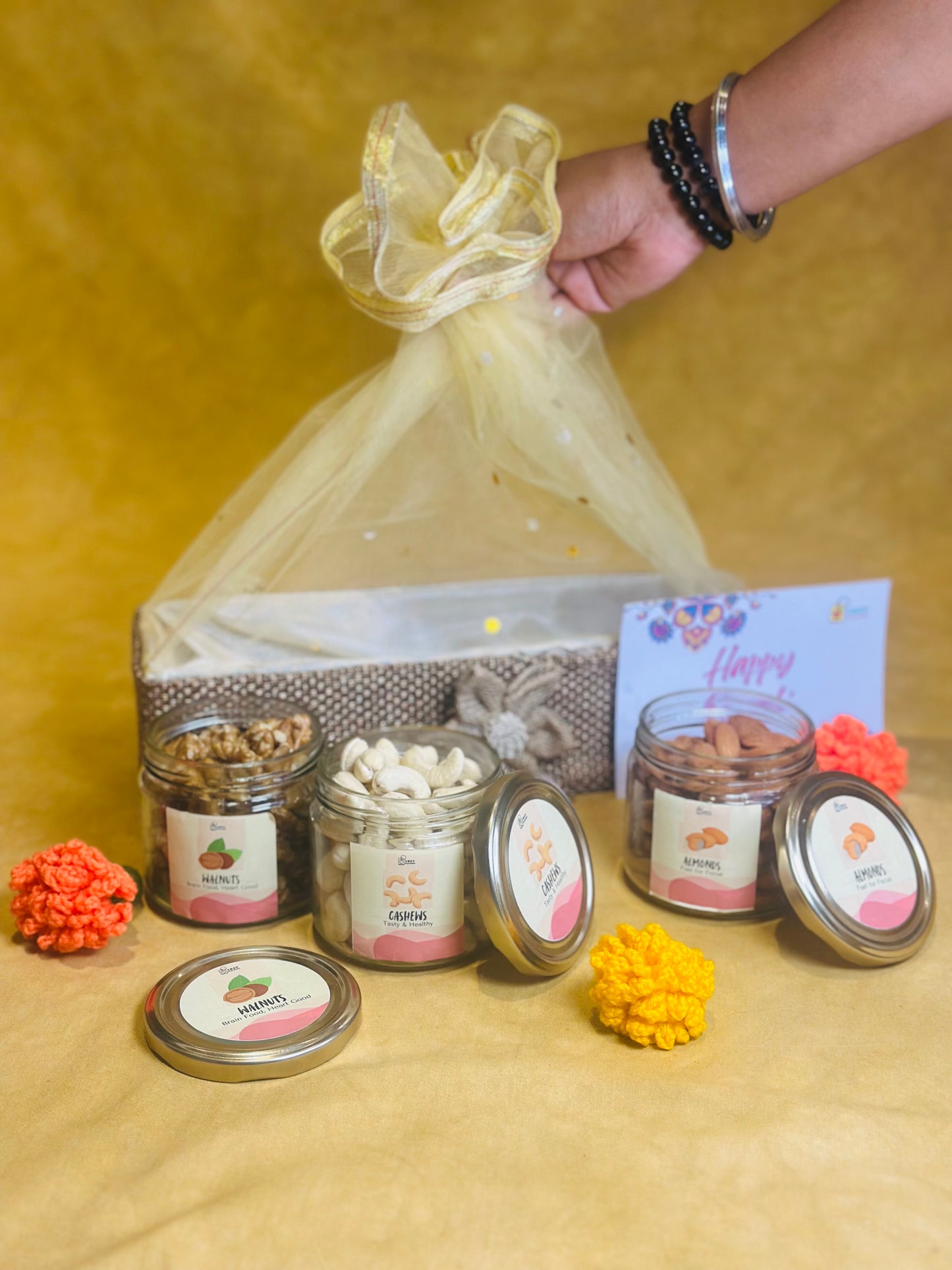 Jute & MDF Basket with Three Dry Fruit Jars