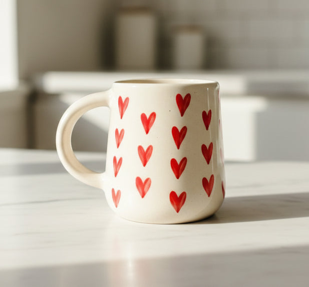 Beautiful ceramic milk mug with red hearts