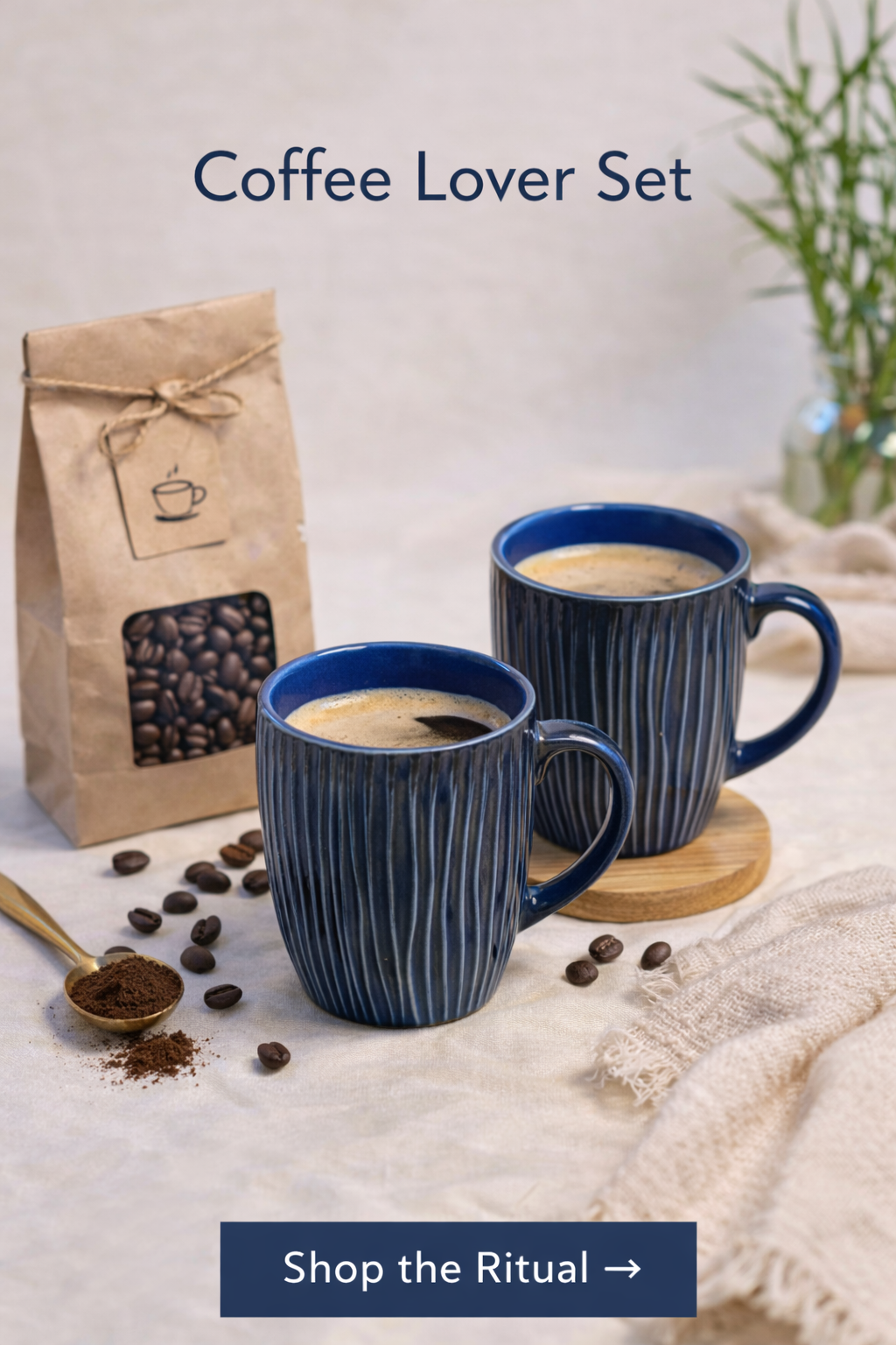 Navy Blue Ribbed Happy Mug - Lover Set