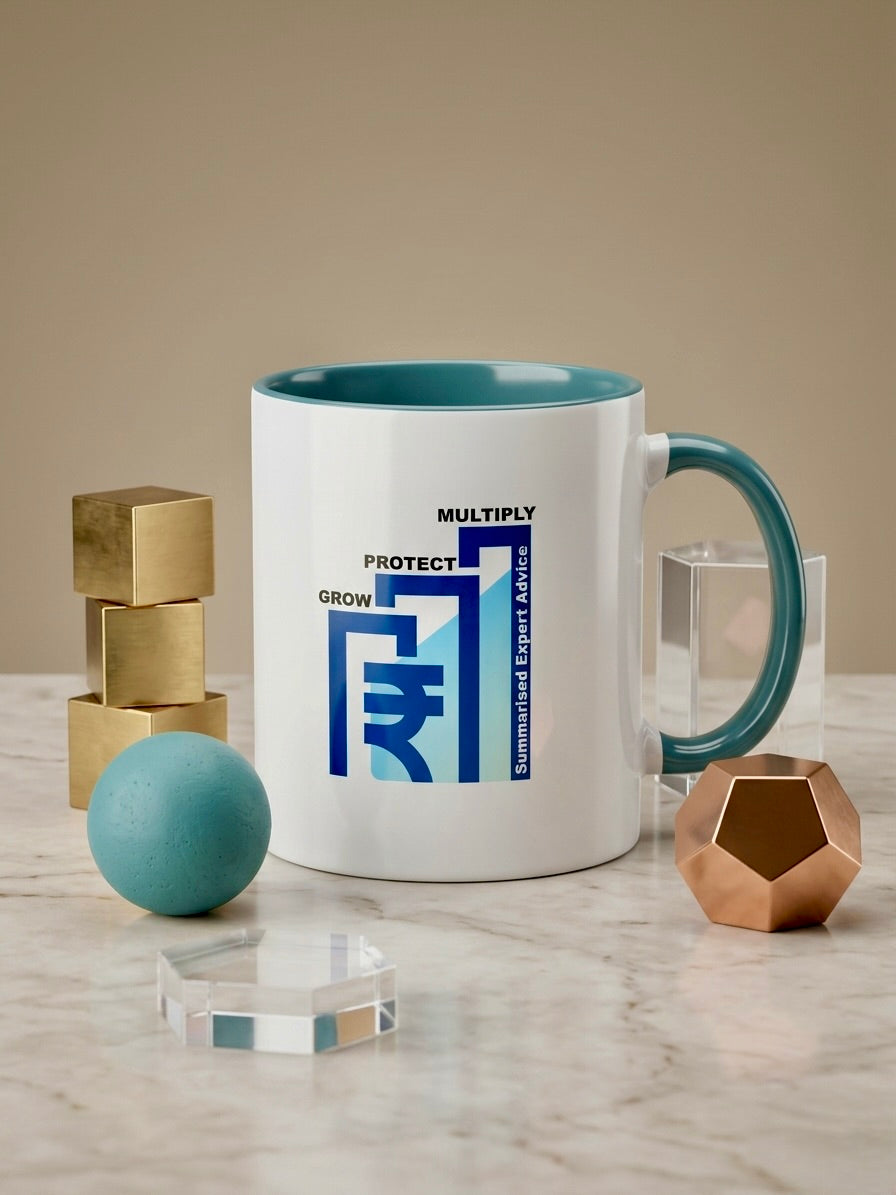 Mug with a logo and investment banking quotes and graphics